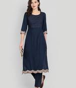 Casual Navy Blue Solid Kurta Set