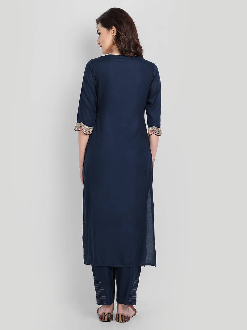 Casual Navy Blue Solid Kurta Set