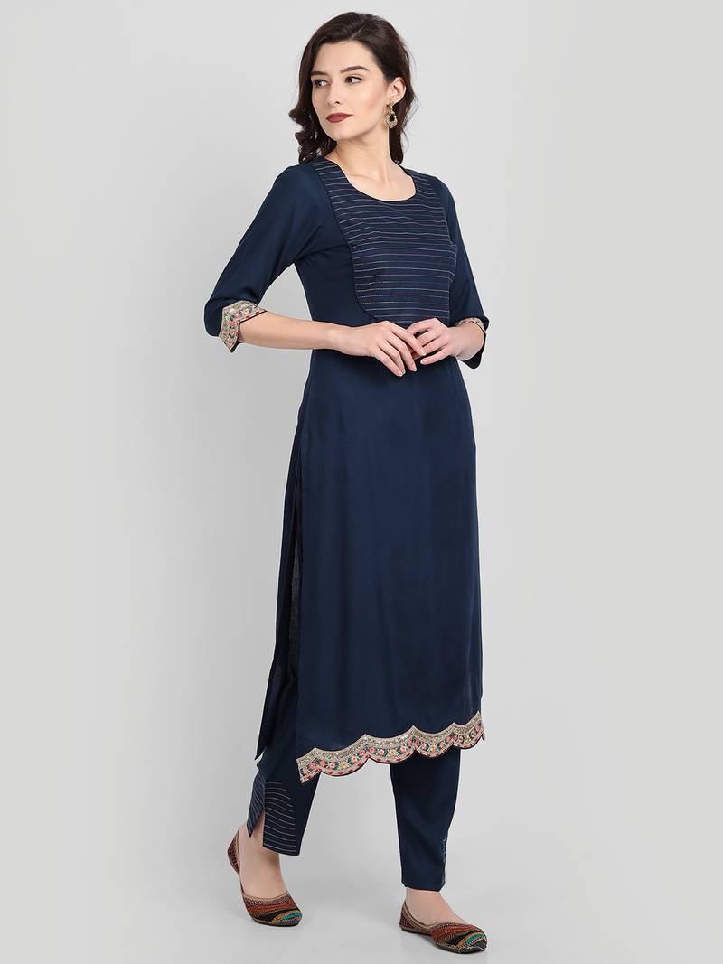 Casual Navy Blue Solid Kurta Set