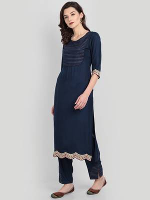 Casual Navy Blue Solid Kurta Set 4