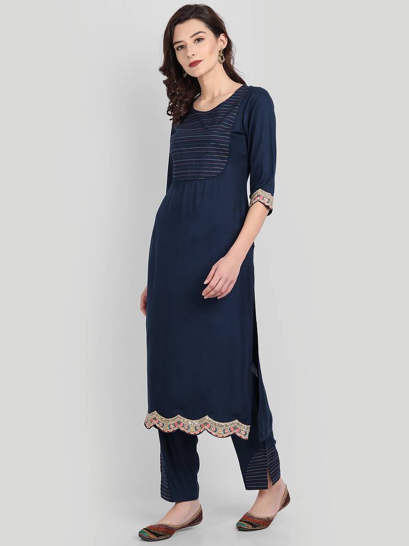 Casual Navy Blue Solid Kurta Set