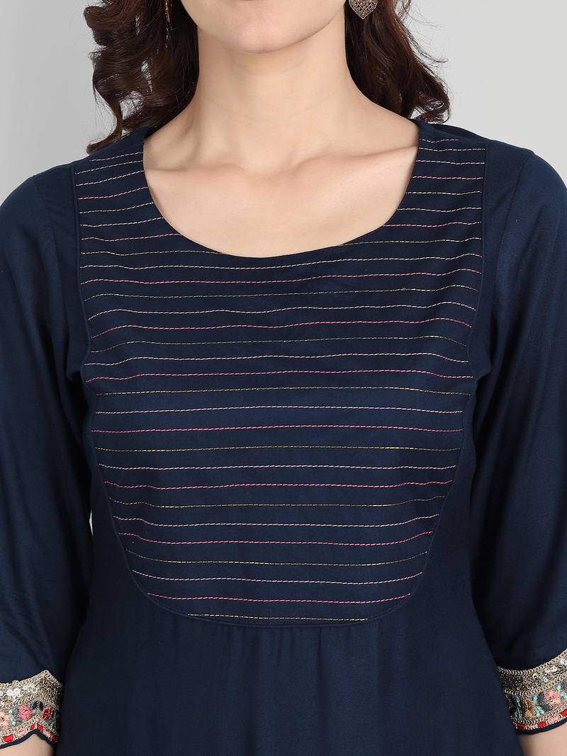 Casual Navy Blue Solid Kurta Set