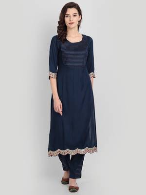 Casual Navy Blue Solid Kurta Set 7