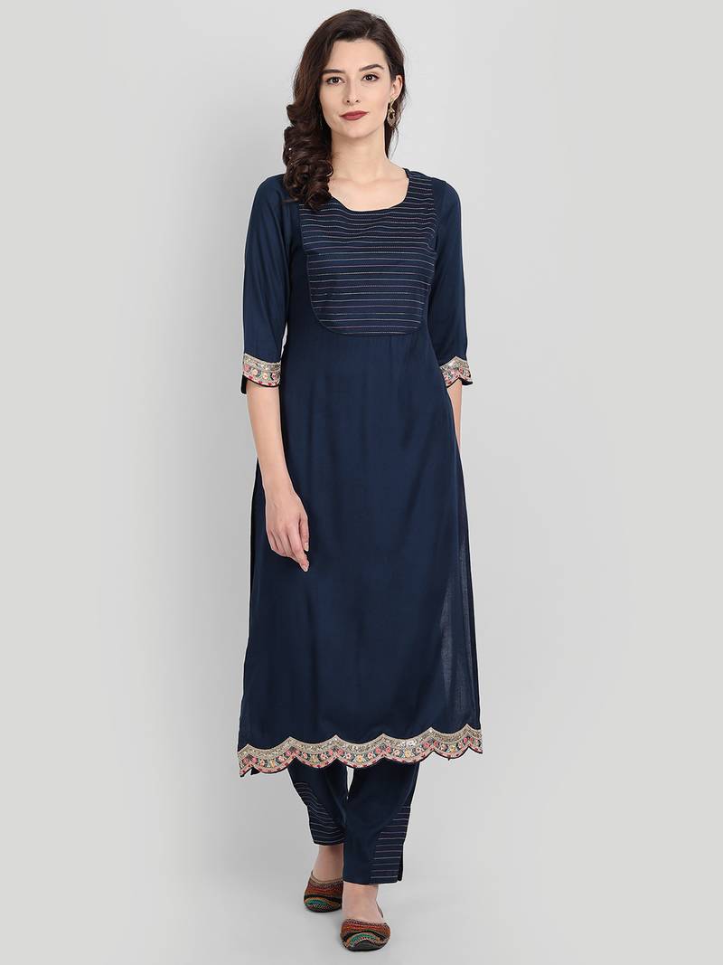 Casual Navy Blue Solid Kurta Set
