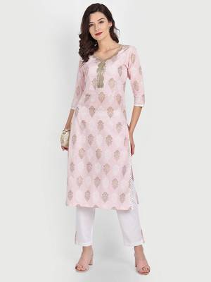 Casual Baby Pink Printed Kurta With Solid White Pants 1