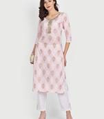 Casual Baby Pink Printed Kurta With Solid White Pants