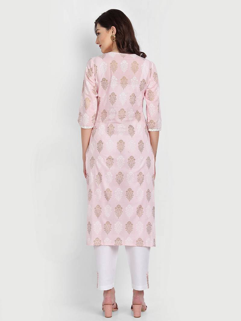 Casual Baby Pink Printed Kurta With Solid White Pants