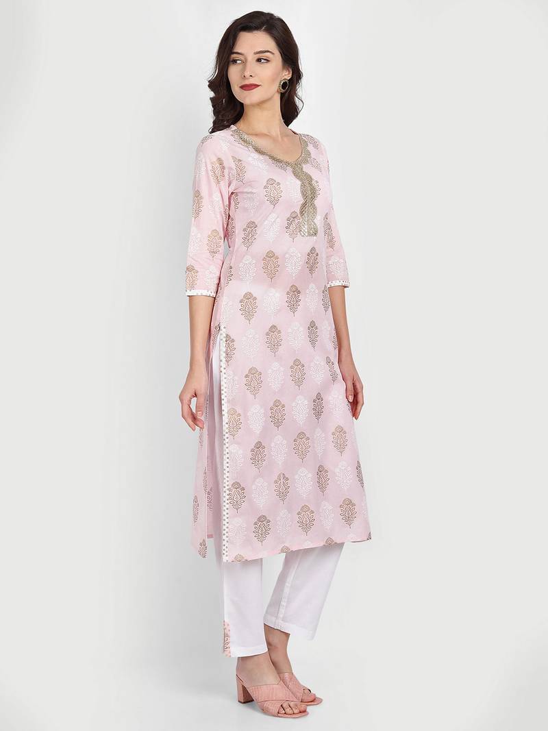Casual Baby Pink Printed Kurta With Solid White Pants