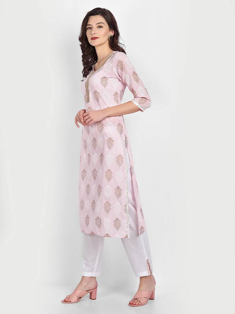 Casual Baby Pink Printed Kurta With Solid White Pants