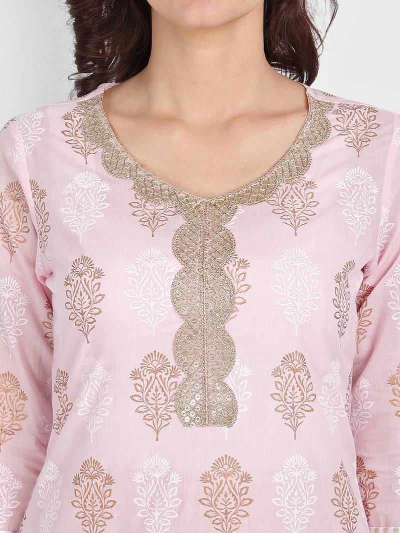 Casual Baby Pink Printed Kurta With Solid White Pants