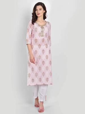 Casual Baby Pink Printed Kurta With Solid White Pants 7