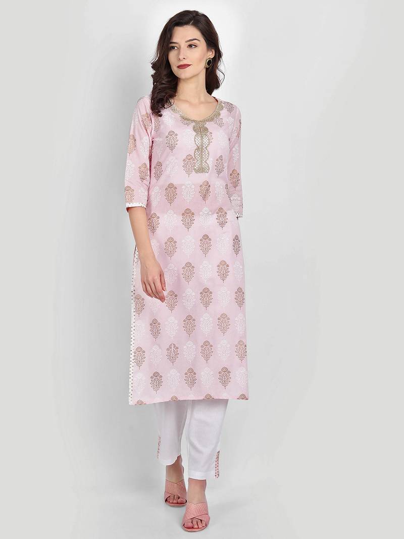 Casual Baby Pink Printed Kurta With Solid White Pants