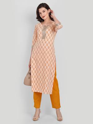 Mustard Casual Solid Floral Printed Kurta With Pants 1