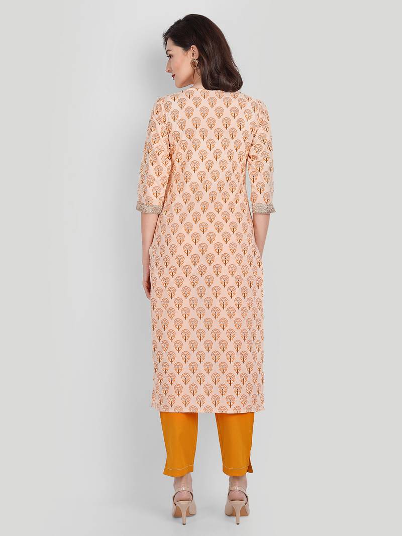 Mustard Casual Solid Floral Printed Kurta With Pants
