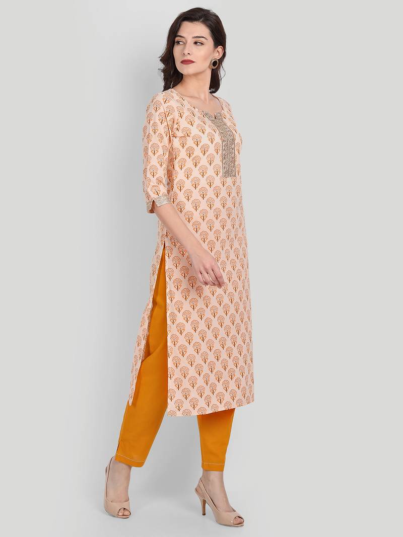 Mustard Casual Solid Floral Printed Kurta With Pants