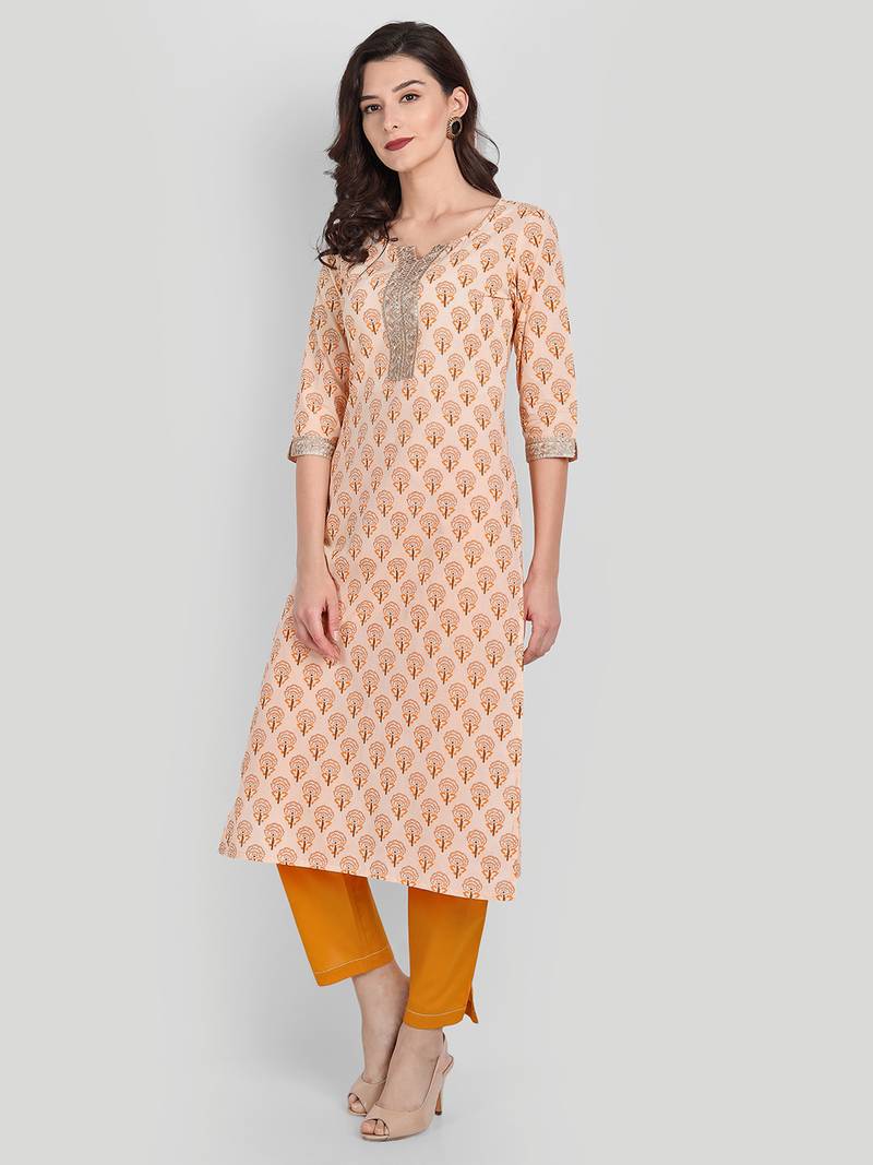 Mustard Casual Solid Floral Printed Kurta With Pants