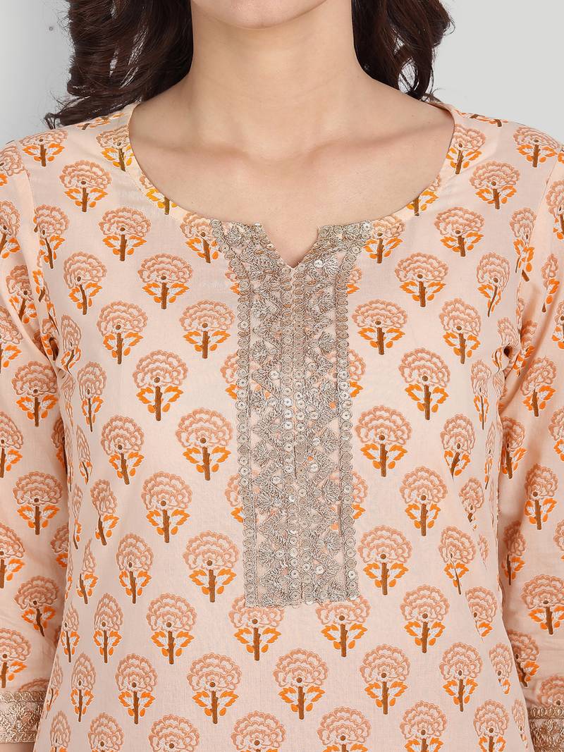 Mustard Casual Solid Floral Printed Kurta With Pants