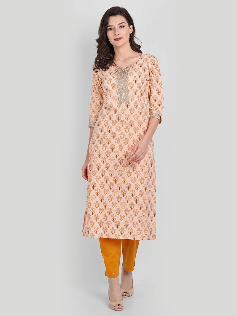 Mustard Casual Solid Floral Printed Kurta With Pants