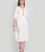 Casual White Solid Kurta With Printed Pants