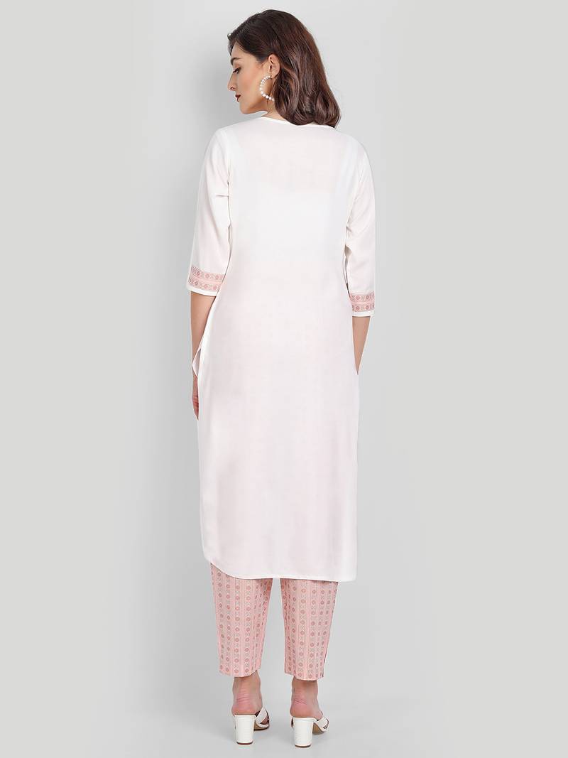 Casual White Solid Kurta With Printed Pants