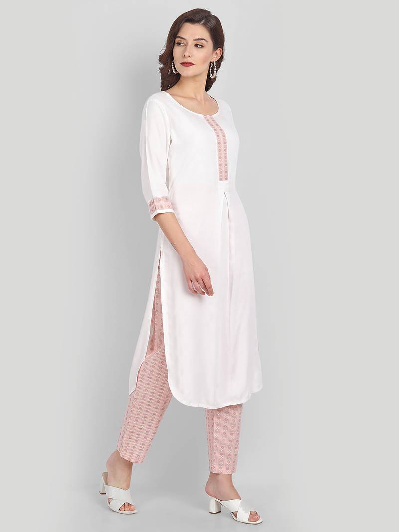 Casual White Solid Kurta With Printed Pants