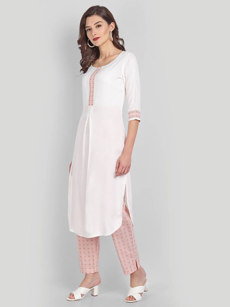 Casual White Solid Kurta With Printed Pants