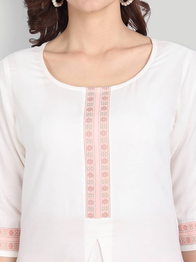 Casual White Solid Kurta With Printed Pants