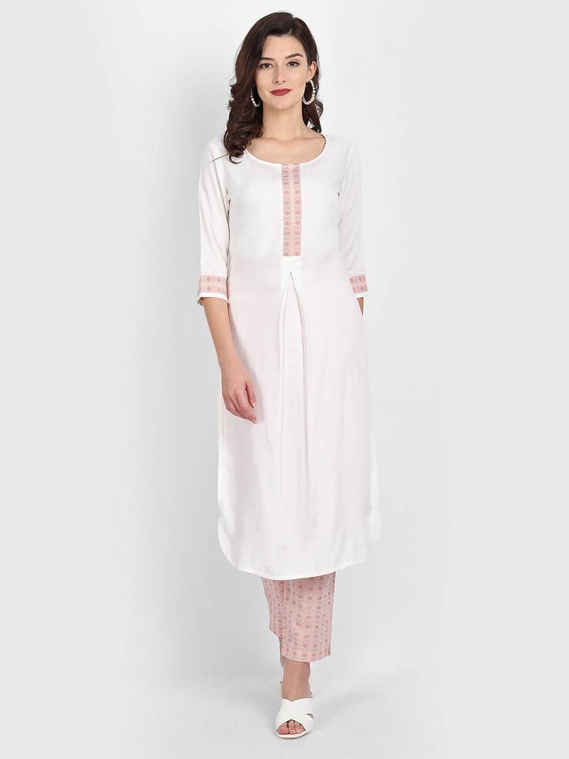 Casual White Solid Kurta With Printed Pants