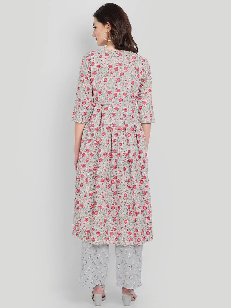 Casual Sage Blue Printed Kurta With Set