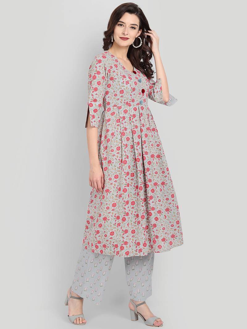Casual Sage Blue Printed Kurta With Set