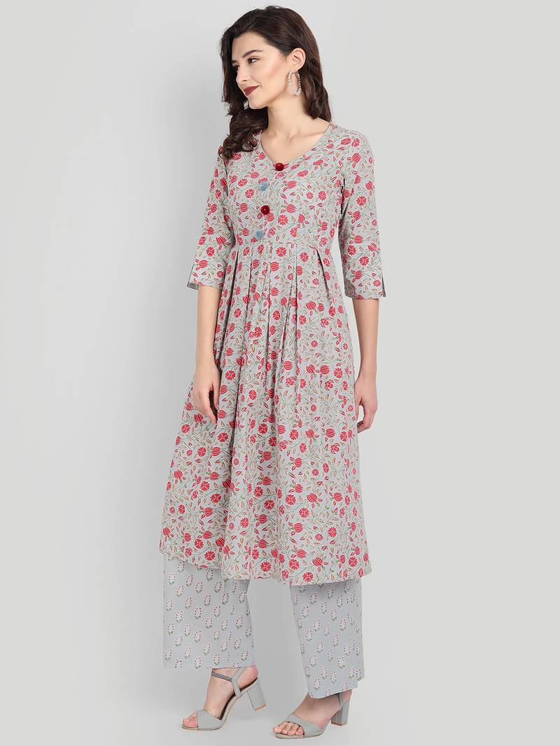Casual Sage Blue Printed Kurta With Set