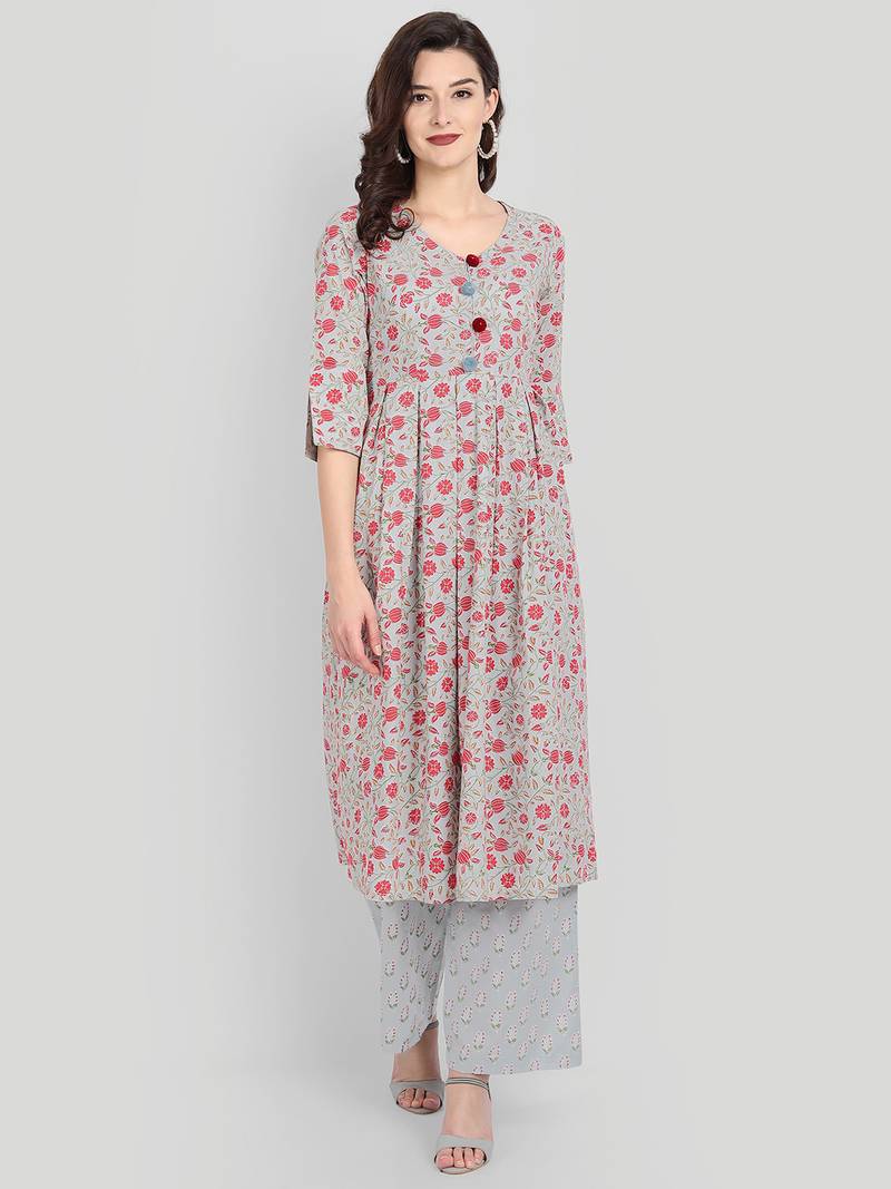 Casual Sage Blue Printed Kurta With Set