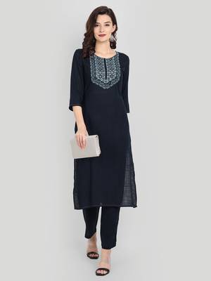 Casual Navy Blue Solid Embroidered Kurta Set 1