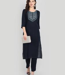 Casual Navy Blue Solid Embroidered Kurta Set