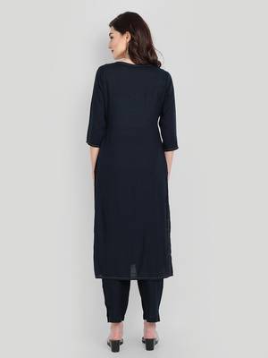Casual Navy Blue Solid Embroidered Kurta Set 2