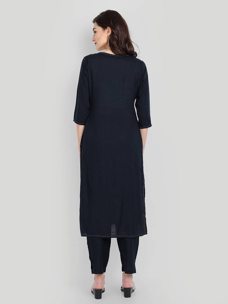 Casual Navy Blue Solid Embroidered Kurta Set