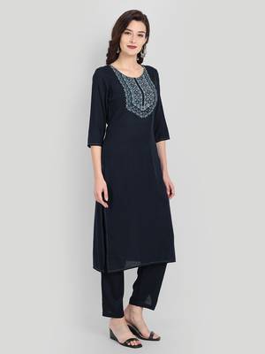 Casual Navy Blue Solid Embroidered Kurta Set 3