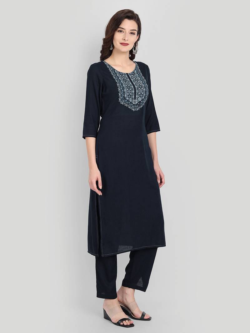 Casual Navy Blue Solid Embroidered Kurta Set