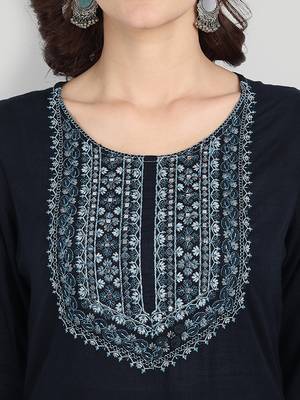 Casual Navy Blue Solid Embroidered Kurta Set 4