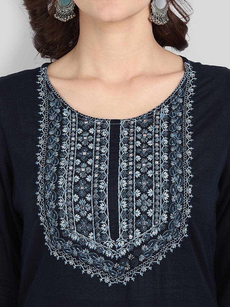 Casual Navy Blue Solid Embroidered Kurta Set