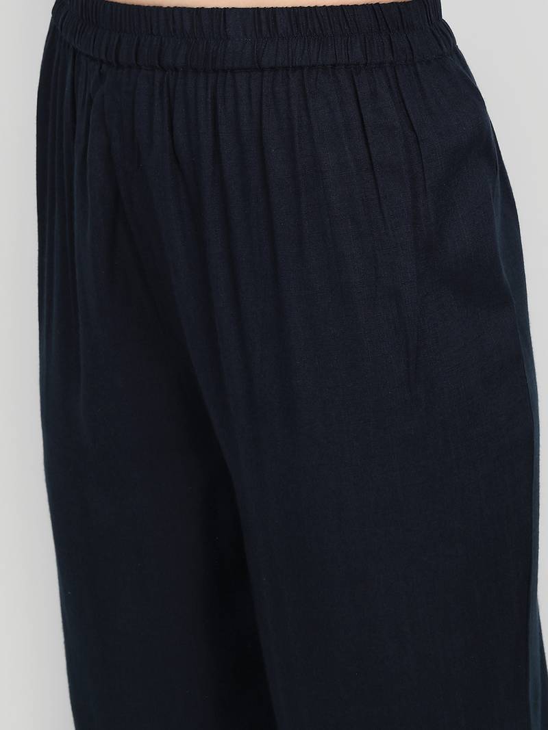 Casual Navy Blue Solid Embroidered Kurta Set