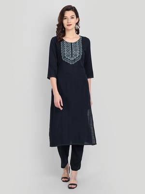 Casual Navy Blue Solid Embroidered Kurta Set 6