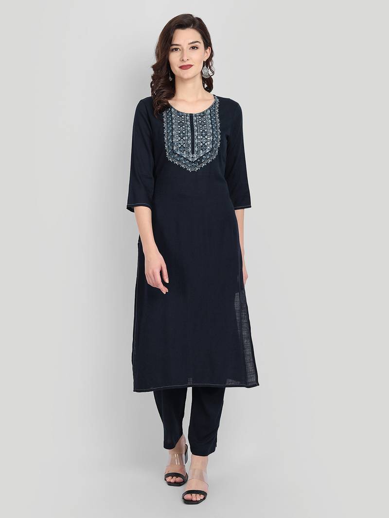Casual Navy Blue Solid Embroidered Kurta Set