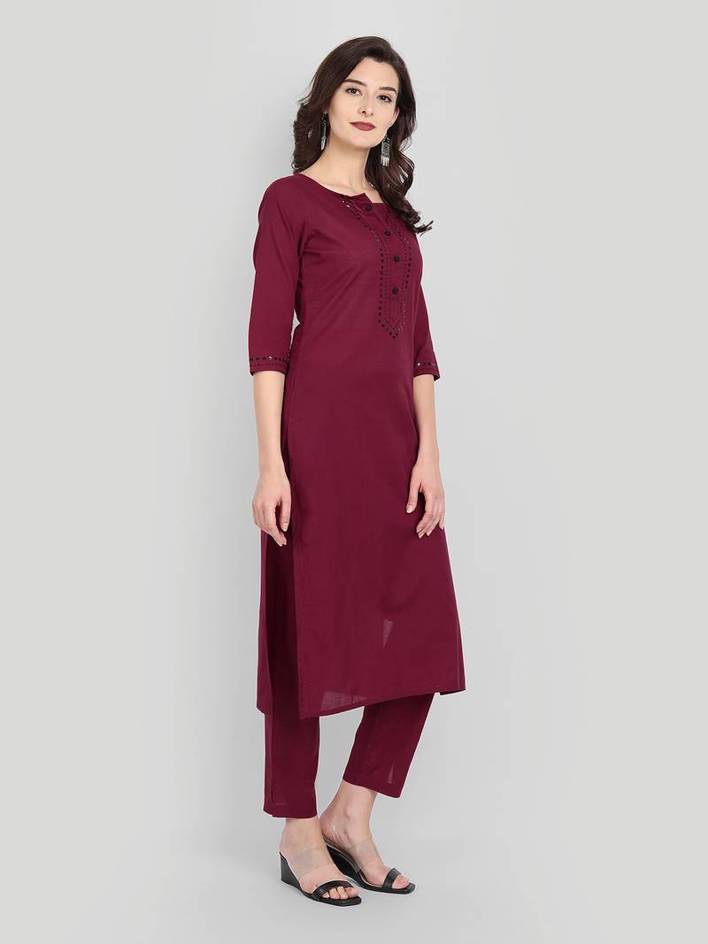 Casual Maroon Solid Kurta Set