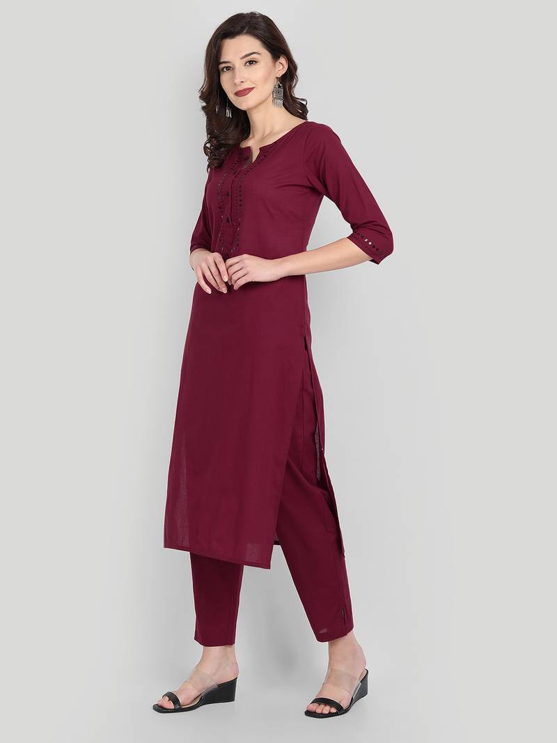 Casual Maroon Solid Kurta Set