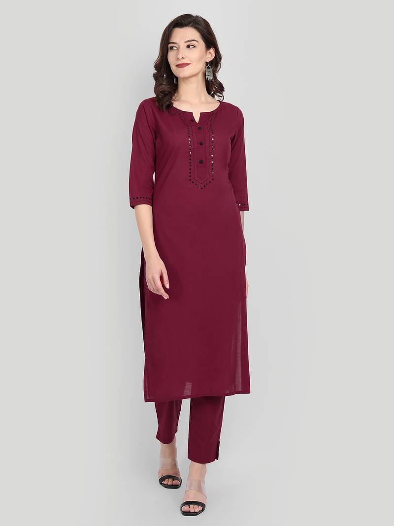Casual Maroon Solid Kurta Set