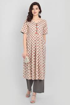Casual Off White Printed Kurta With Solid Grey Palazzo Pants
