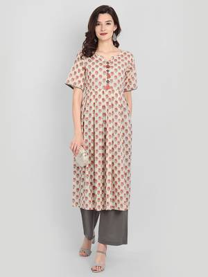 Casual Off White Printed Kurta With Solid Grey Palazzo Pants 1