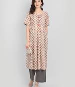 Casual Off White Printed Kurta With Solid Grey Palazzo Pants