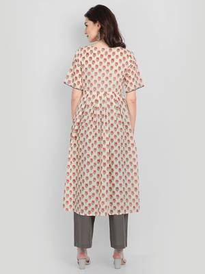 Casual Off White Printed Kurta With Solid Grey Palazzo Pants 2